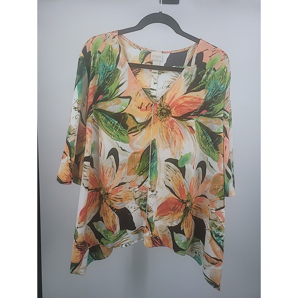 Chico's Tropical Asymmetrical Top Sz 4 Beach Vacation Resort Cruise Summer